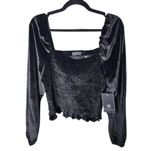 Bagatelle Collection Womens XL Black Velvet Blouson Sleeves Smocked Blouse NWT